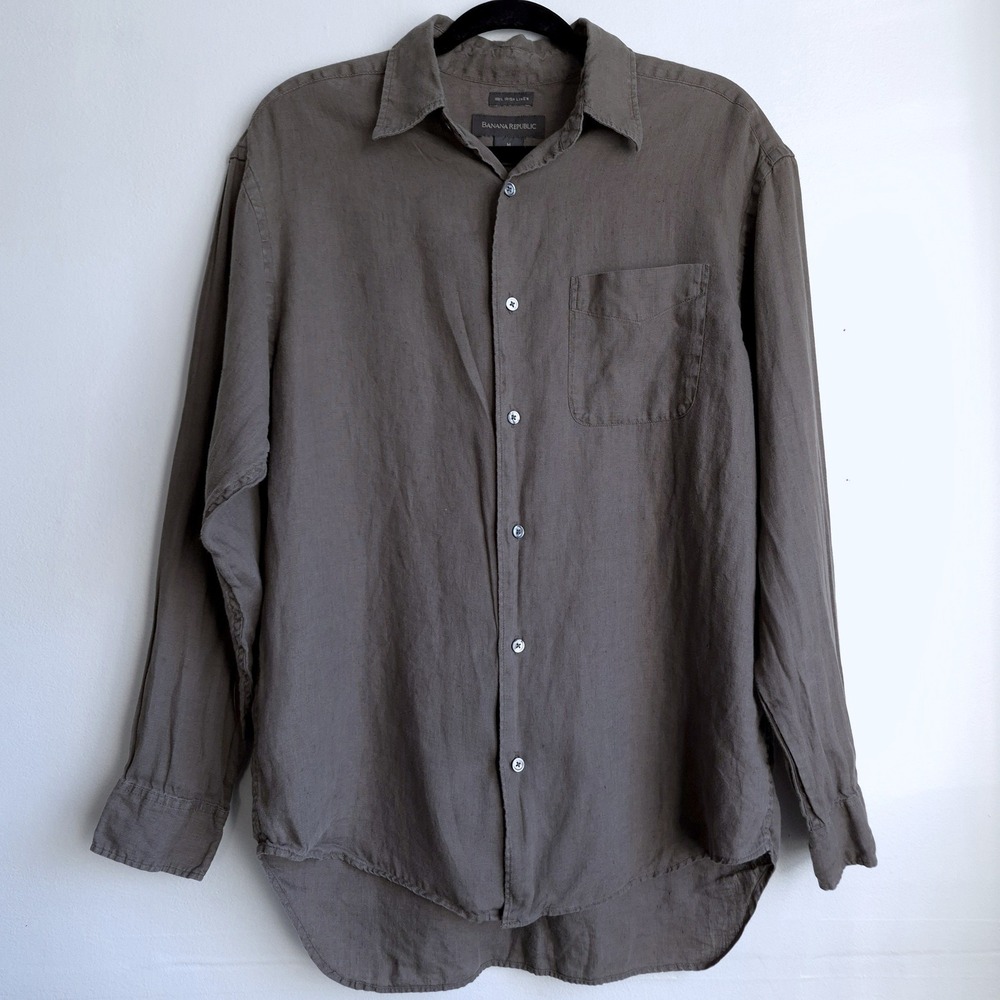 Banana Republic Shirt Irish Linen Brown Medium Mens Long Sleeve Coastal Safari M